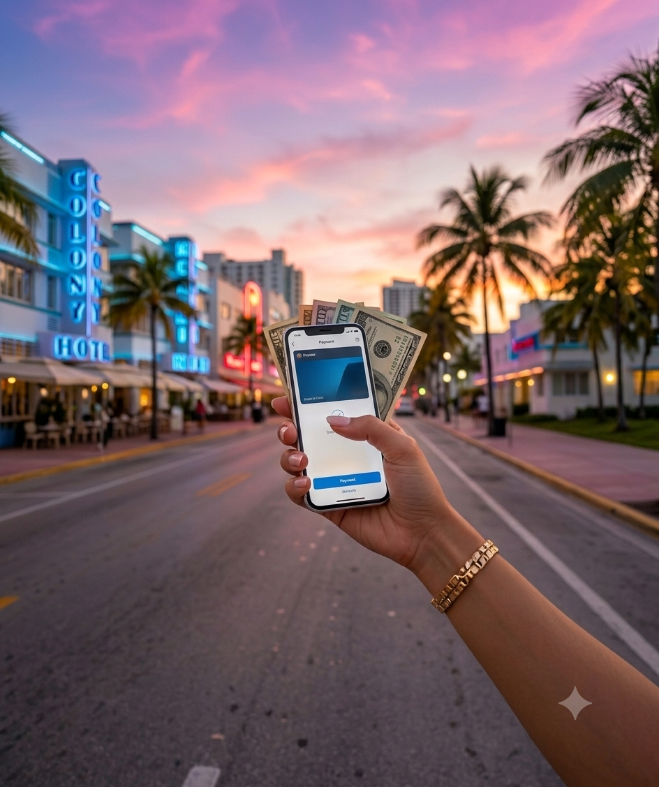 Hand holding cash and phone on Miami Beach's Ocean Drive